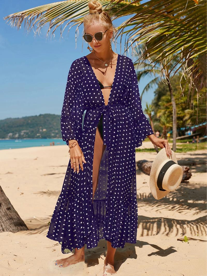 Menina de banho feminina encobrir vestido de férias com padrão de bolinhas de biquíni casual de praia