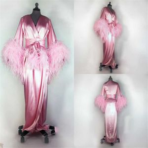 Albornoz de mujer, camisón rosa de longitud completa con plumas, pijama, ropa de dormir, lencería, vestidos para ocasiones de mujer, bata, chal para dormir