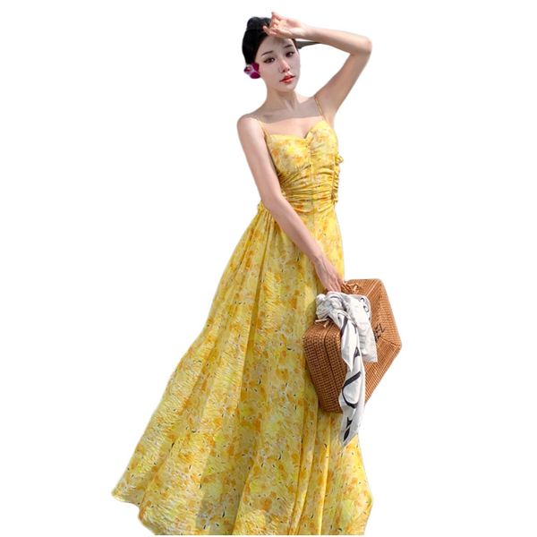 Vacances à la plage pour femmes fleurs jaunes imprimé bretelle spaghetti taille haute a-ligne dos gaze patché longue robe SML