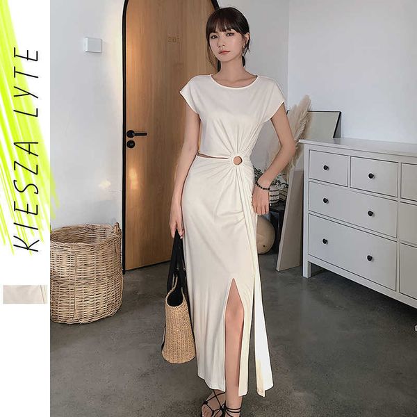 Robe d'été sexy de plage pour femmes Mode Casual Solide Blanc Party Moulante Modal Slit Midi Robes Robe Femme 210608