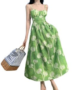 Robe longue de plage pour femme avec bretelles spaghetti et imprimé floral vert taille haute SMLXL
