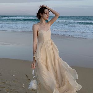 Sangle spaghetti de vacances à la plage pour femmes volants en mousseline de soie douce taille mince maxi robe longue SMLXL