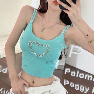 Femmes perles strass décoration spaghetti sangle tricoté crop top gilet réservoirs