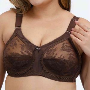 Femmes Beauté Dentelle Sans Doublure Couverture Complète Underwire Minimizer Soutien-Gorge Plus La Taille Soutien-Gorge 80-115 C D Cup 210728