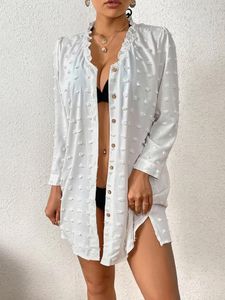 Couvre de bikini féminine robe de chemise boutonnée courte du maillot de bain Bounge blanc