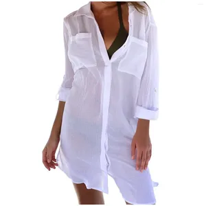 Damesbikini bedekken Summer Solid Pocket Button Beach Cover-Up voor dames shirt jurk Coverups Swimsuit Ups Sundress