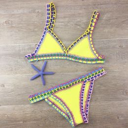 Dames bikini hand gehaakt gebreide patchwork zwempak vrouwen zwemkleding strand vakantie halter top maillot biquini badpakken 268