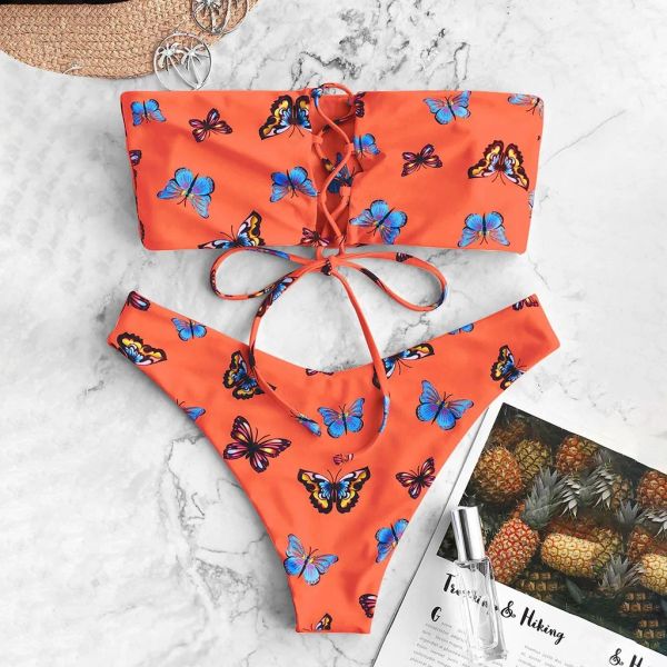 Bikinis femenino 2023 Nuevo harajuku mariposa estampado de estampado trajes de baño de cintura alta sujetador de empuje up+thongs trajes de baño de ropa de playa
