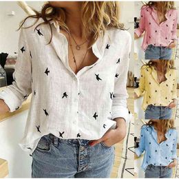 Femmes Oiseaux Imprimer Chemises 35% Coton À Manches Longues Femme Tops Printemps Été Lâche Casual Bureau Dames Chemise Plus La Taille 5XL 210518