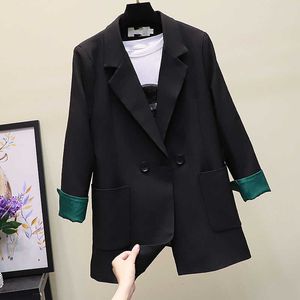 Blazer noir pour femmes lâche manches longues veste dames décontracté double boutonnage petit costume féminin manteau 210527