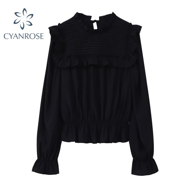 Blouses noires pour femmes hauts été col montant drapé rétro lanterne à manches longues mode chemises femme lâche coréen Blusas 210417