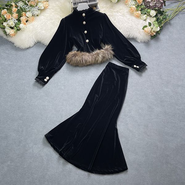 Conjunto de falda larga larga de sirena con cintura elástica y parte inferior de piel de tela de terciopelo con cuello levantado de color negro para mujer, traje de vestir de 2 piezas SML