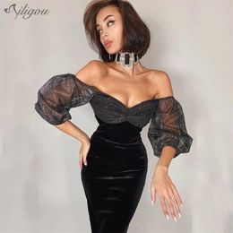 Dames Zwarte Jurk Sexy Off-Shoulder Sprankelen Tule Stiksels Design Puff Sleeve Celebrity Party Velvet Vestido 210525