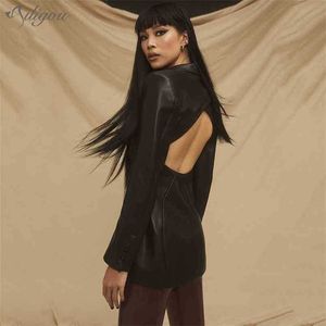 Femmes noir mode cuir Pu Sexy col en v creux veste rétro à manches longues poche manteau 210525