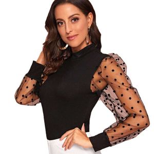 T-shirt à manches longues en dentelle noire pour femmes, ample, Transparent, à pois, élastique