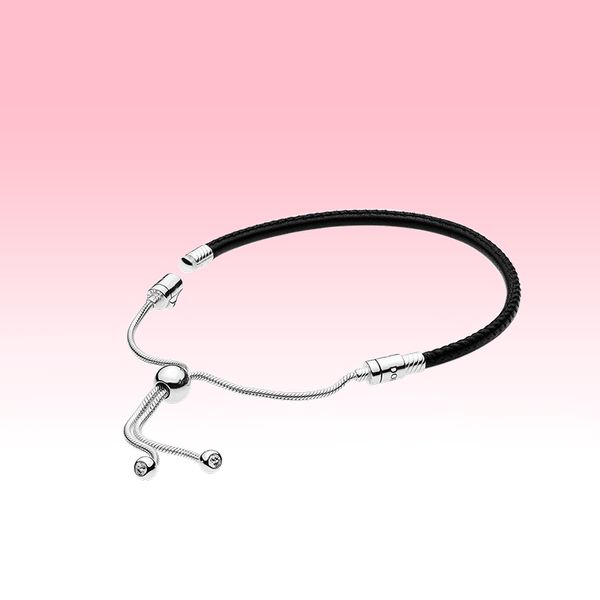 Bracelet coulissant en cuir noir pour femme Bijoux de mode pour Pandora Stelring Argent Bracelets de chaîne à main de taille réglable avec boîte d'origine