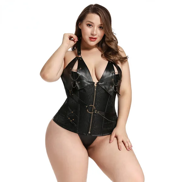 Lingerie noire pour femmes Sexy Halterneck Corset Gothique Steampunk Corselet en cuir avec G String 8908