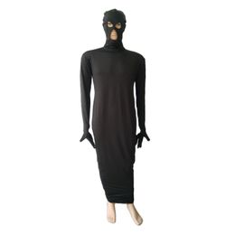 Robe portefeuille en lycar noire pour femmes, robe longue, Sexy, yeux ouverts et bouche, robes de soirée pour filles, Costume Zentai, fête d'Halloween