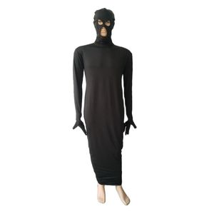 Vrouwen zwarte lycar Wikkeljurk Body Bag Lange Jurken Sexy Open Ogen en Mond meisjes Feestjurken Zentai Kostuum Halloween Party