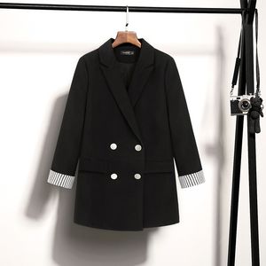 Blazer de bureau noir pour femme décontracté tissu de haute qualité mi-longueur petit costume féminin veste à double boutonnage 210527