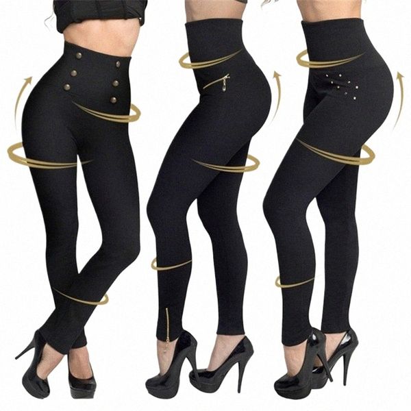 Pantalones de lápiz negros para mujer Pantalones elásticos delgados para mujer Leggings de cintura alta para mujer Butt / Ziper / Diamd Pants W38r #