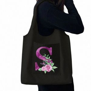 Sac de magasin noir pour femmes décontracté grande capacité lettre violette nom initial motif imprimé sac à bandoulière en toile réutilisable H5JA #