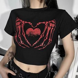Dames Black Street Cyberpunk Subculturele Top Street Love Skull Print BM Style Dance Spicy Girl Open Navel kort T-shirt vrouwen