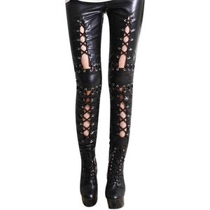 Dames Zwart Broek Skinny Lace Up Pantalon Potlood Sexy Leggings Legins Punk Rock Vrouwelijke Gotische Lederen Broek Q0801