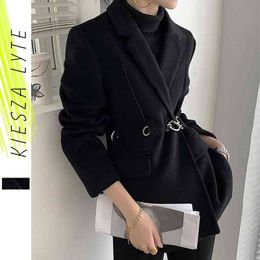 Women's Black Woolen Suit Jacket Minderheid Herfst Winter Aankomst Mode Belted Dikke Wol Jas Bovenkleding Voor Lady 210608