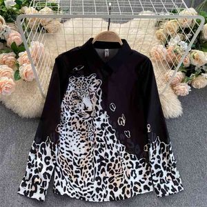 Dames Blouse Lente Zomer Lange Mouw Leopard Print Shirt Revers Collar Single Breasted Casual Tops 210603