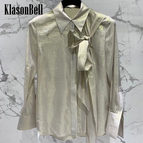 Blusas para mujeres 1.25 Klasonbell Temperamento elegante Oro Circón de seda brillante Bow Boquera Womel Lapa de la solapa Camisa escondida