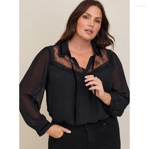 Women's Blouses 100,00 kg exporteren Europese en Amerikaanse single plus size kleding Fat Girl Losse zwarte kanten stiksel lange mouwen chiffon