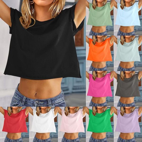Blouses Femmes 11 Couleurs Solid Crop Top Femmes T-shirt Recadré Lâche Taille Haute Manches Courtes Vêtements D'été De Base Tops Plus Taille Athlétique