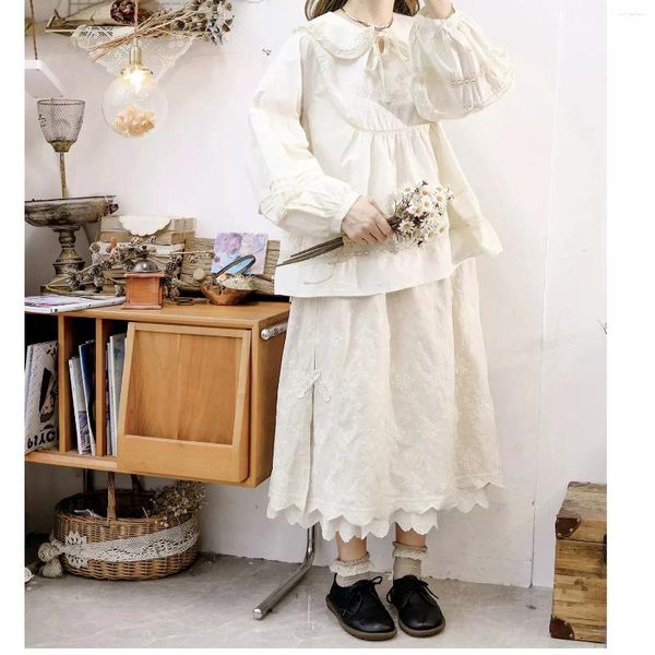 Chemisiers femme 118 cm buste/printemps automne femmes Vintage Mori Kei filles brodé ample confortable chemises/chemisiers en coton