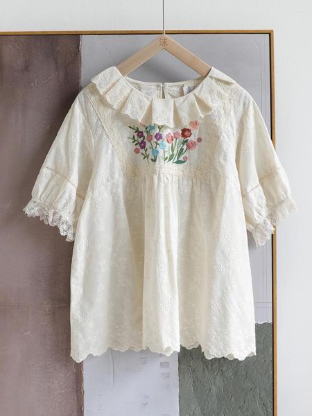 Blusas de Mujer 118 cm Busto / Primavera Verano Mujer Estilo japonés Mori Kei Bordado de Flores Sueltas Tallas Grandes Camisas/Blusas de algodón cómodas
