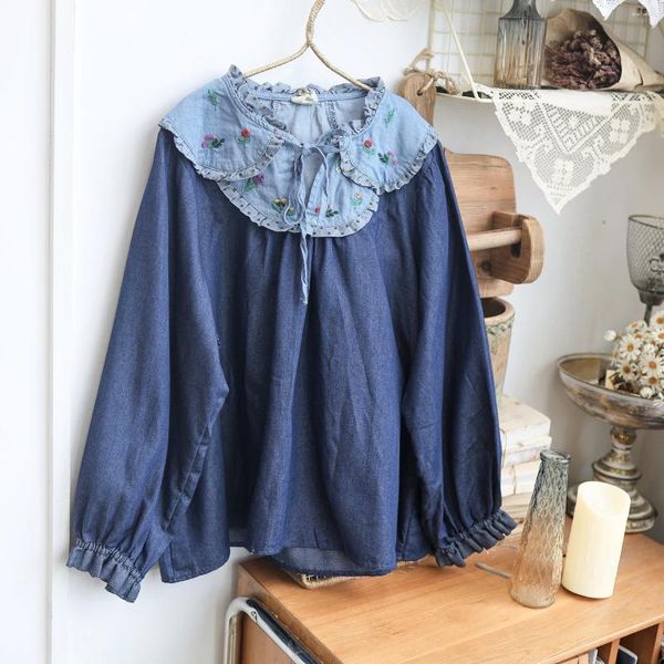 Blouses Femmes 122cm Buste / Printemps Automne 2023 Femmes Vintage Mori Kei Girls Fleur Brodée Lâche Confortable Denim Coton