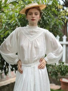 Blans de femmes 140 cm Buste printemps été 2024 Femmes Elegant Lace Lace Patchwork Mori Kei Girl Colonté Cotton Linen Clouse / Chemises