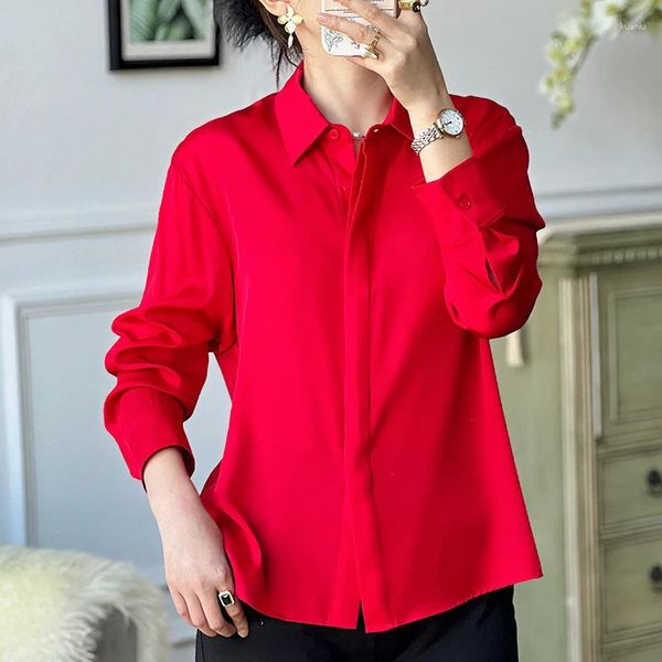 Blouses des femmes 19 momme Real Silk Red Shirt printemps été élégants chemises pour femmes à manches longues Bureau Lady Solid Blouse