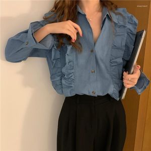 Blouses pour femmes 2022 Automne rétro à manches évasées à volants à volants Version coréenne féminine du petit chemisier en denim de revers