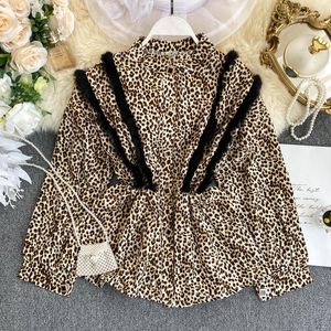 Women's Blouses 2022 Autumn Women Chiffon Leopard Flounce Long Bubble Sleeve losse dunne bodemblouse shirt dames casual pakken