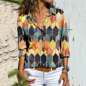Damesblouses 2022 mode geometrische gedrukte vrouwen shirts lange mouwen zetten sleutelbekeren af ​​met zakken