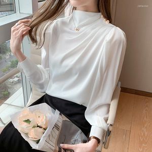 Women's Blouses 2022 Fashion White Silk Designer Tops Women Puff Sleeve Vintage Blouse Spring Autumn Office Lady Cute Solid Color Shirt