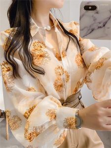 Women's Blouses 2022 Bloemprint Lantaarn Mouw Casual Open Stitch Shirts Zomer Vrouwen Kleding Knop Chiffon Turndown Collar Tops T -shirts