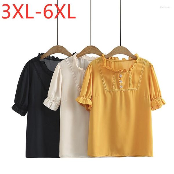 Blouses Femmes 2022 Dames Été Plus Taille Tops Pour Femmes Grand Chemisier À Manches Courtes Volants En Vrac Jaune Chemise En Mousseline De Soie 3XL 4XL 5XL 6XL