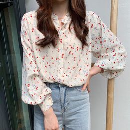 Women's Blouses 2022 Ly Women Top Chiffon Long Puff Sleeve Gedrukte V-hals Casual Tops Button Shirts Plus Size Blouse Femme Clothing1