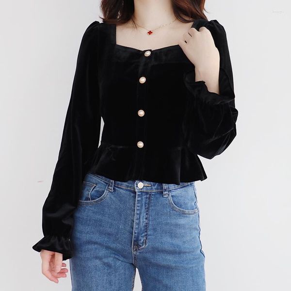 Chemisiers pour femmes 2022 Court Crop Tops Femmes Manches évasées Corée Style Japonais Conception À Volants Mignon Bouton Vintage Peplum Noir Chemises Blouse