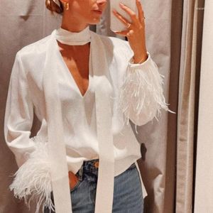 Women's Blouses 2022 Spring Autumn Solid Women Tops en Elegant Deep V Neck Hollow Office Shirt Fashion Furry Feather Long Sleeve Blusas