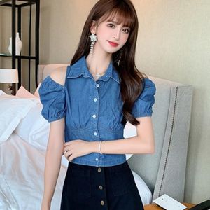 Chemisiers pour femmes 2022 Summer Denim Shirt Women's Design Sexy Off-The-Shoulder Sleeve Tops