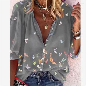 Women's Blouses 2022 Summer Tops Women Shirts Ladies Casual V-Neck Long Sleeve Female Top Butterfly Print Buttons Shirt For