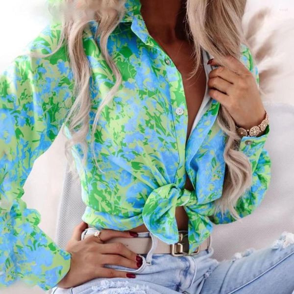 Blouses Femmes 2022 Femmes Floral Imprimer Mode Turn Down Collier Simple Boutonnage Tops à manches longues Casual Vintage Chemise